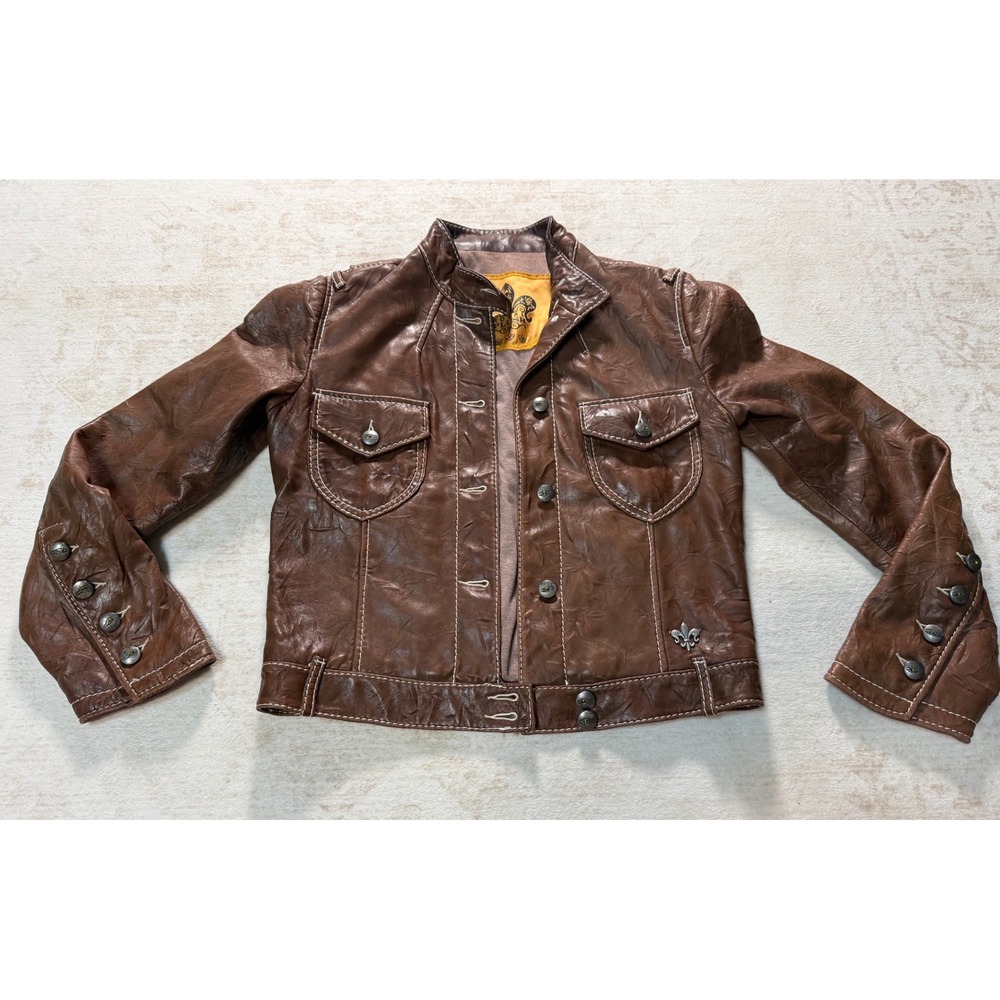 Royal Plush Brown Genuine Leather Jacket Contrast Stitch Distressed Women Small